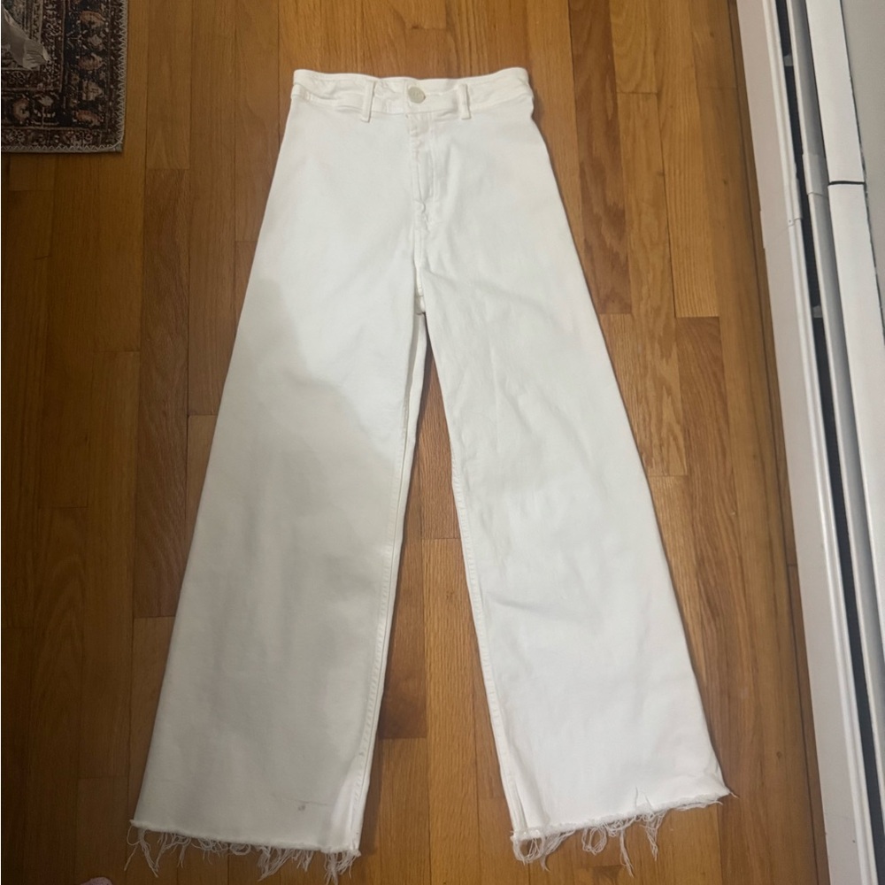 Zara White Wide Leg Frayed Jeans